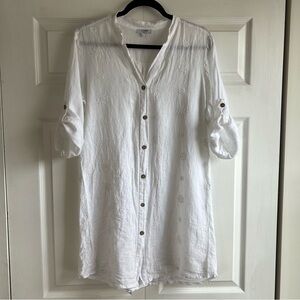 ROSEMARINE White Linen Button Shirt Tunic‎ Blouse Lagenlook Embroidery Preppy S